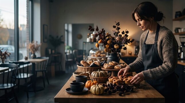 Woman Arranging Autumnal Decorations and Baked Goods in a Cozy Cafe Setting.