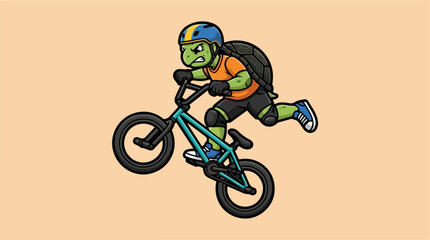Obraz premium Active turtle character performing stunts on a BMX bicycle.