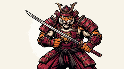 Obraz premium Detailed tiger samurai mascot holding a sharp katana.