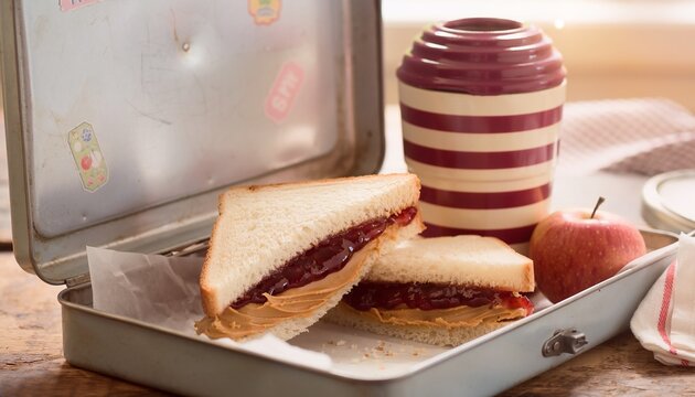 Peanut Butter and Jelly Sandwich Halves Packed in a Vintage Metal Lunchbox with an Apple and Thermos