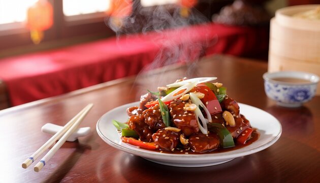 Steaming Kung Pao Chicken Plated with Bell Peppers and Peanuts on a Wooden Restaurant Table
