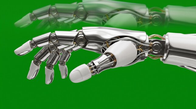 Silver Robotic Hand with Motion Blur on Green Background