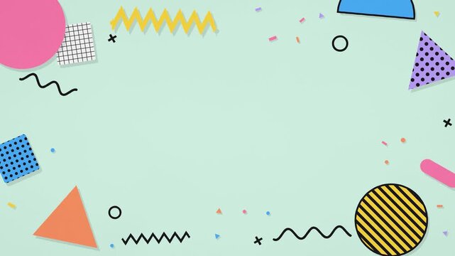 Memphis style 90s background, colorful cut paper shapes with polka dots, stripes, zigzags and marker squiggles on mint, copy space, seamless loop