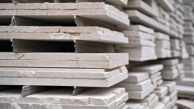 Stacked pale beige limestone travertine tile slabs with rough chipped edges and smooth sawn faces stored in construction warehouse