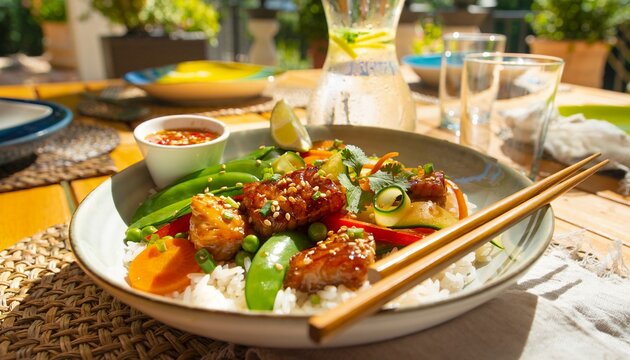 Delicious Asian Teriyaki Fish Stir Fry Bowl with Jasmine Rice and Fresh Vegetables on a Sunny Outdoor Table