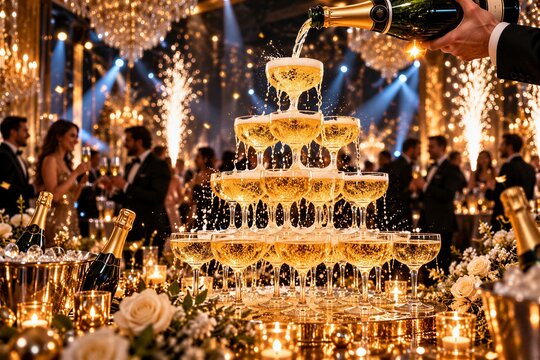 Pouring sparkling wine onto an elegant champagne tower during a luxurious gala celebration with festive fireworks