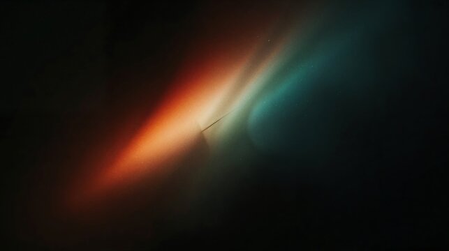 Abstract dark background with soft glowing orange and teal light streaks and subtle dust particles