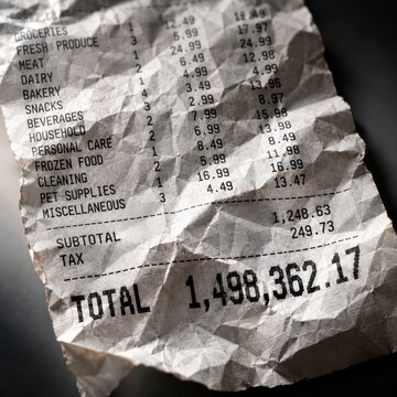 Receipt displays an impossibly high total amount printed on crumpled, thin white paper, reflecting the severe stress of rising inflation and living costs.