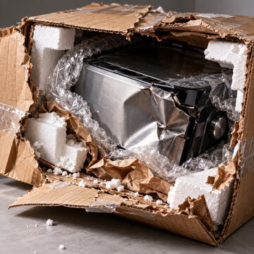 A metallic appliance is revealed within a crumpled cardboard box, cushioned by protective styrofoam and bubble wrap, indicating unboxing or delivery.