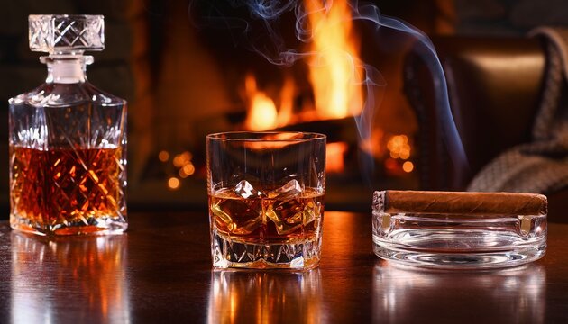 Glass of Whiskey on the Rocks with a Burning Cigar and Crystal Decanter Beside a Cozy Fireplace