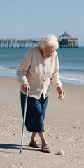 Fototapeta premium Elderly woman bending to collect seashells on the beach using a cane for design background and editorial use highlighting senior activity