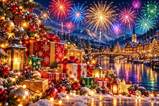 Christmas Gifts and Festive Lanterns Beside a Winter Lake with Fireworks Exploding over an Alpine Town
