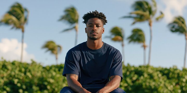 Outdoor portrait of a young man in navy t shirt with palm trees background for lifestyle banner and portrait wallpaper use
