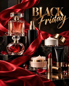 Luxurious perfume bottles, skincare creams, and lipstick are artfully arranged with flowing red satin ribbons and rose petals for a Black Friday beauty sale.