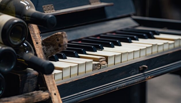 A close-up of an old, broken piano with wine bottles stacked on its keys.