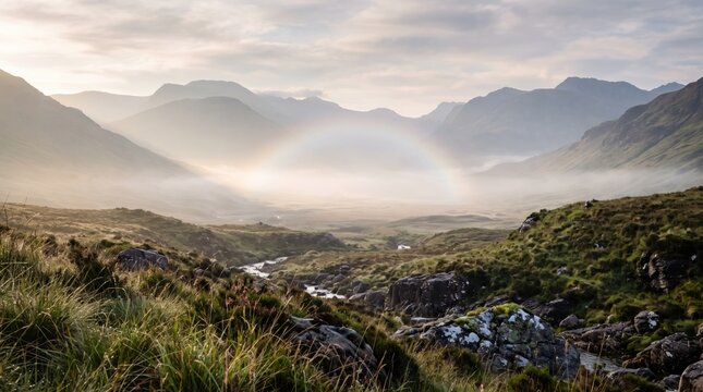 Fogbow appearing over a pristine mountain valley with natural light