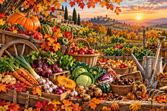 Abundant Autumn Harvest Display with Pumpkins Fresh Vegetables and Baskets on a Rural Farm at Sunset