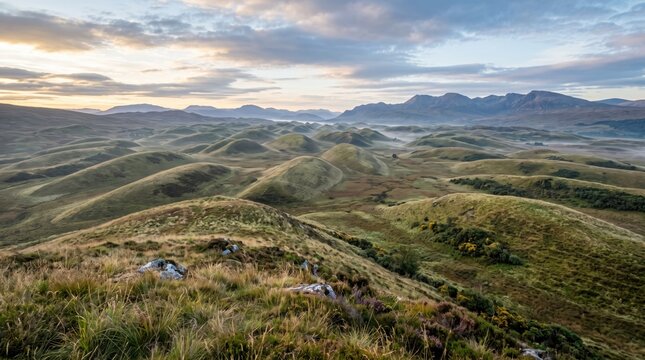 Glacial drumlin hills landscape at sunrise with rolling green terrain