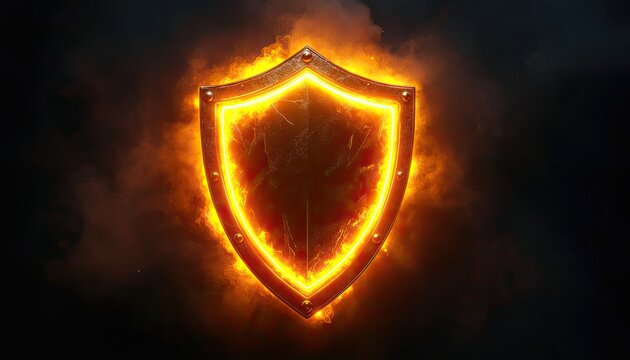 A glowing, fiery shield emblem on a dark, smoky background.