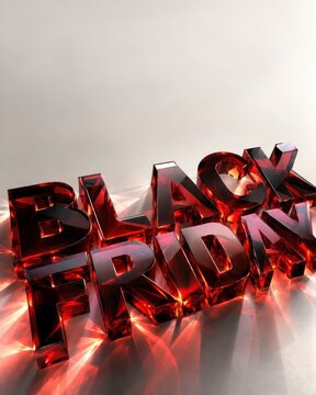 Black Friday text rendered in glossy red transparent glass casts intricate light refractions across a smooth neutral surface.