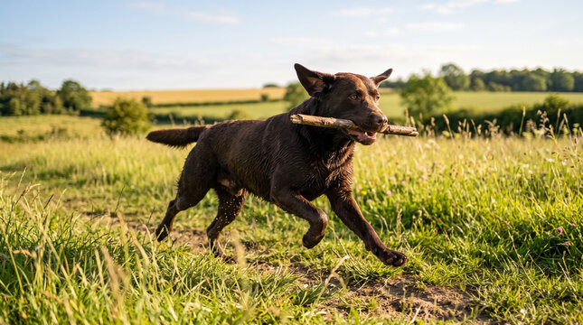 Chocolate Labrador retriever playing with a stick in a grassy field  