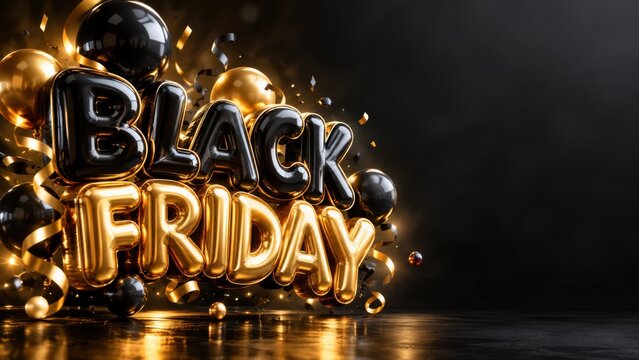 Black Friday lettering glows with golden metallic balloons and glossy black spheres arranged on a reflective dark surface.