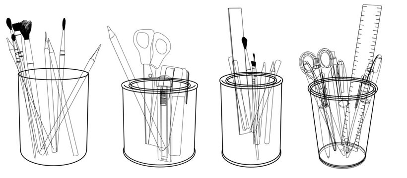 Stationery and Art Supplies in Three Clear Pencil Holders With Brushes, Pencils and Scissors