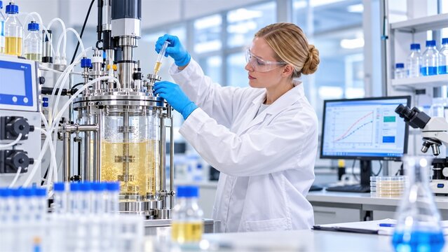 Professional female scientist performing experiment in modern biotechnology laboratory using industrial bioreactor and precision instruments