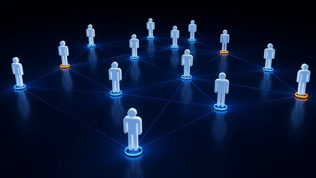 Digital people network nodes connected with glowing blue lines illustrating social media connectivity collaboration teamwork or corporate organizational structures model.