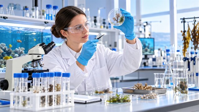 Scientist conducting marine biology research with coral samples in modern laboratory for conservation and environmental science studies