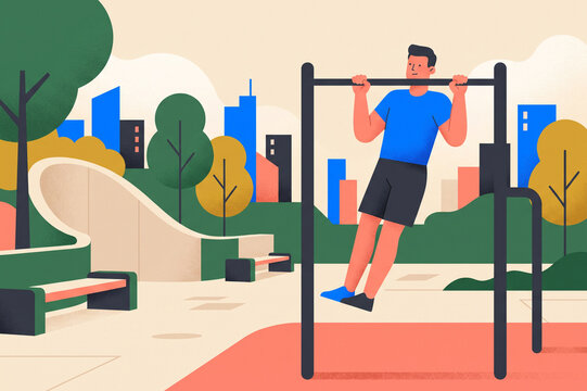 Flat illustration of a man performing pull-ups on a horizontal bar at an outdoor urban fitness park with trees and city buildings in the background during a workout session