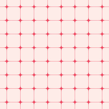 Minimal retro grid pattern with rounded cream squares and vivid coral red intersections, creating clean geometric tile layout with subtle sparkle shapes for wallpaper, textile, packaging modern decor