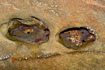 Two rounded hollows in the granite rock, eroded by the action of the tides, on the shores of the Atlantic Ocean. © Delfim Sa Neiva