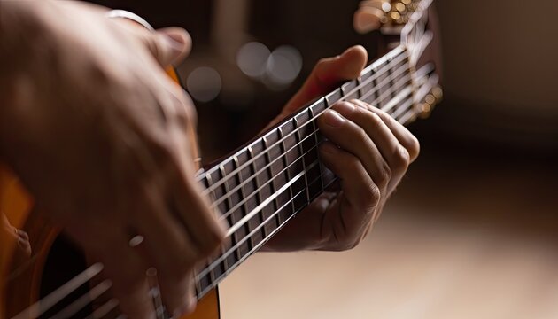 Close-up of a person's hands playing an acoustic guitar.