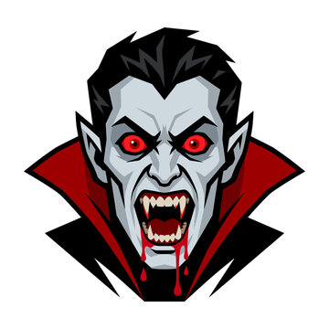 Modern dark fantasy flat vector icon depicting an aggressive vampire baring sharp fangs with a terrifying forward gaze.