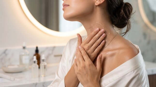 Young woman touching her neck and collarbone area while standing in a bathroom