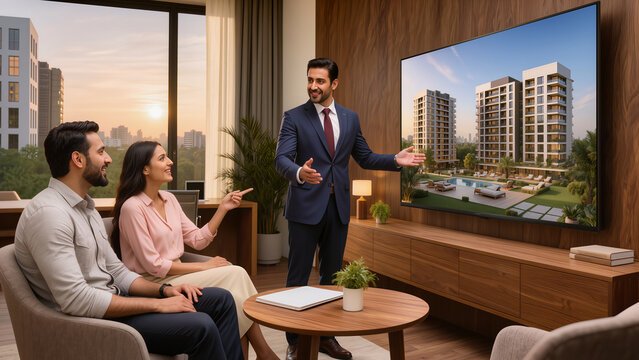 Real Estate Agent Presenting Luxury Apartment Project on Big Screen to Indian Young Couple
