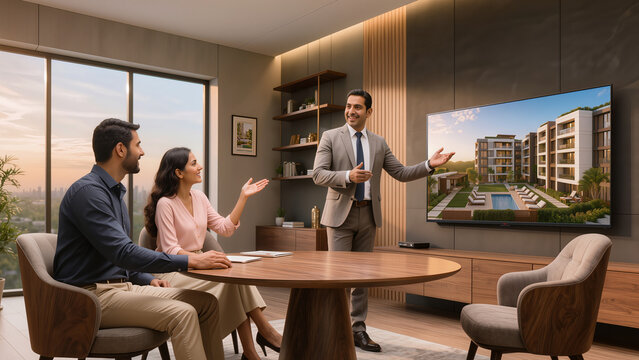 Real Estate Agent Presenting Luxury Apartment Project on Big Screen to Indian Young Couple