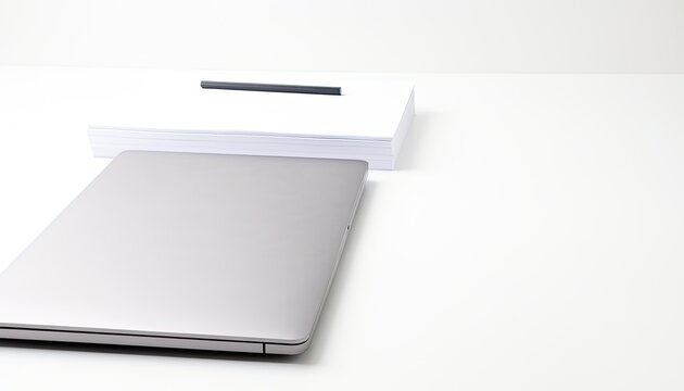 A closed silver laptop sits on a white desk next to a stack of paper and a pencil.