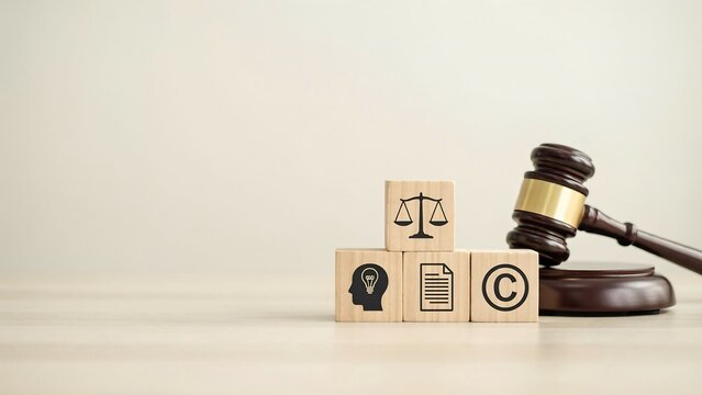 Wooden blocks with intellectual property, scale of justice, and copyright icons beside a judge's gavel on a light wooden table.