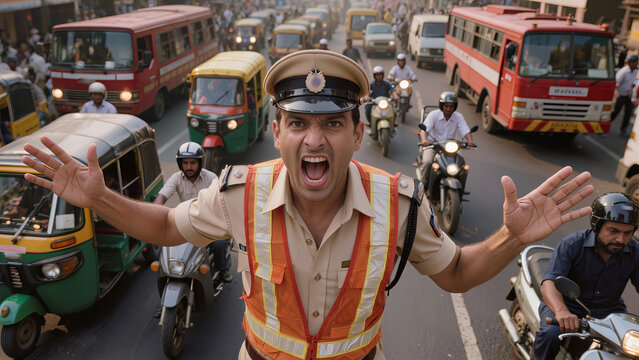 Frustrated Indian Traffic Police Officer Screaming and Managing Vehicle Traffic on Busy Street