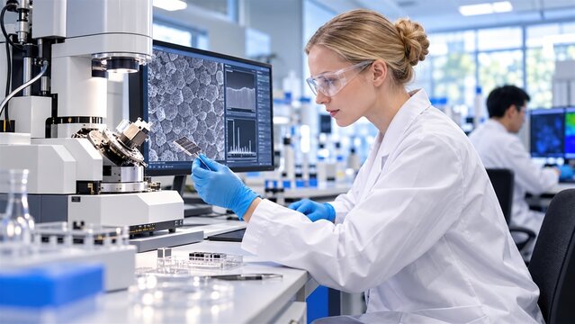 Scientist using scanning electron microscope for nanotechnology research and analysis in modern professional laboratory facility