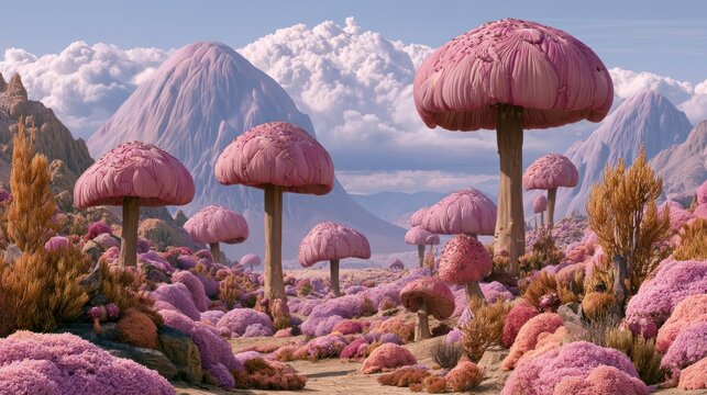 Fantasy landscape with giant pink mushroom forest