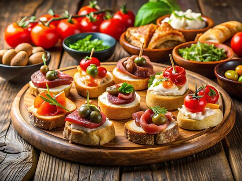 Assorted Bruschetta Topped with Tomatoes Olives and Cheese on a Round Wooden Serving Board