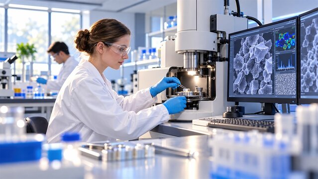 Scientist using electron microscope for advanced nanotechnology research and analysis in modern laboratory setting