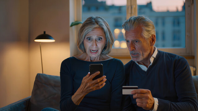 Surprised Senior Couple Holding Credit Card and Looking at Smartphone Screen in Dark Room