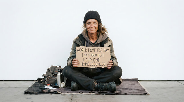  "WORLD HOMELESS DAY OCTOBER 10 & 11 HELP END HOMELESSNESS," with a backpack beside her against a plain white wall.