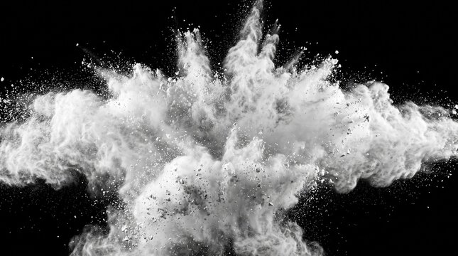 Dramatic white powder explosion and flour splash isolated on a black background.