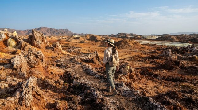 A woman hiker exploring the rugged volcanic landscape of the Danakil Depression in Ethiopia