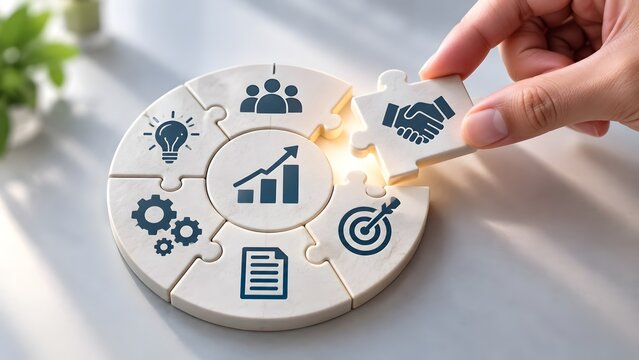 Hand completing a circular jigsaw puzzle with business icons by inserting a handshake piece representing partnership and successful strategy